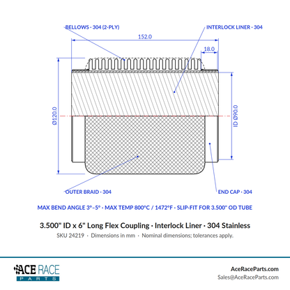 3.500" ID x 6" Long Flex Coupling (Interlock Liner) 304 Stainless