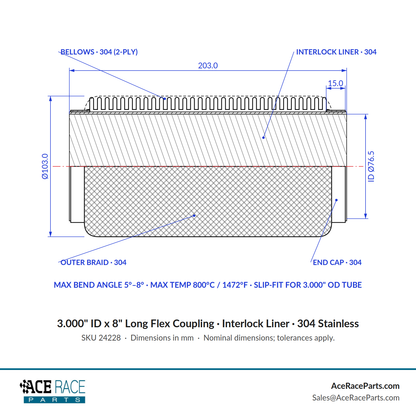 3.000" ID x 8" Long Flex Coupling (Interlock Liner) 304 Stainless