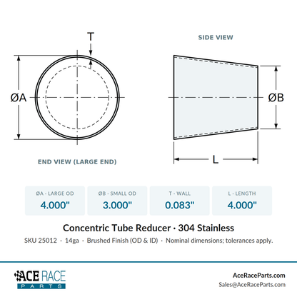 4.000" OD x 3.000" OD 14ga Reducer (4.000" Long) - Brushed Finish - 304 Stainless