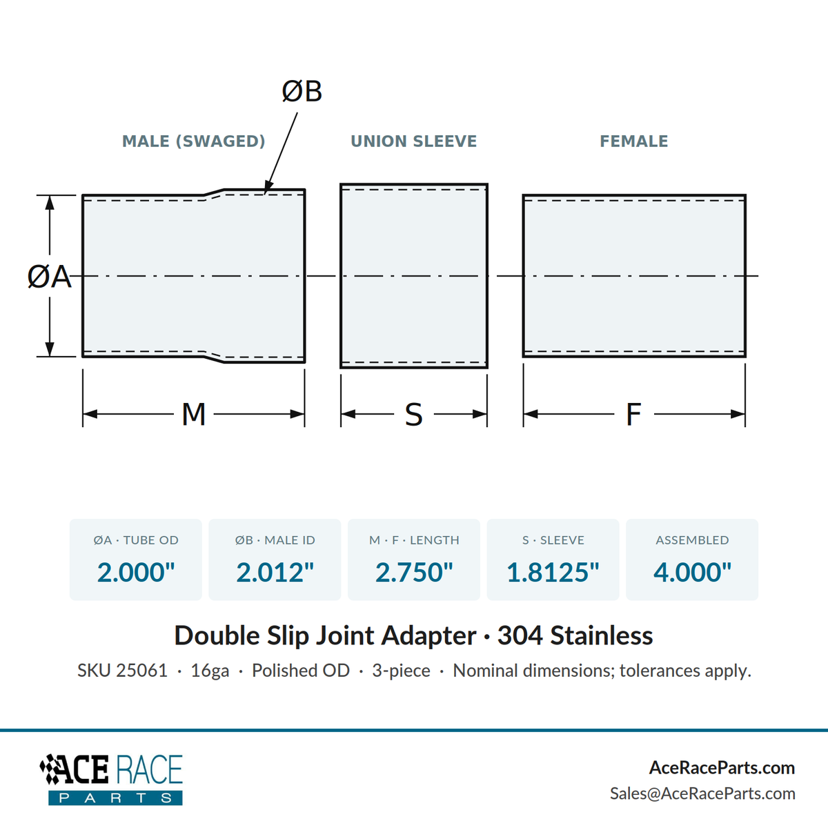 2.000" OD Double Slip Joint Adapter - Polished OD - 304 Stainless