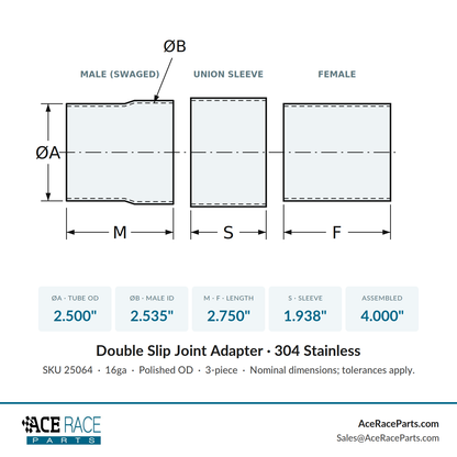 2.500" OD Double Slip Joint Adapter - Polished OD - 304 Stainless
