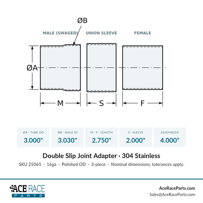 3.000" OD Double Slip Joint Adapter - Polished OD - 304 Stainless