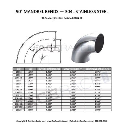2.500" 16ga 90° Mandrel Bend- (3.750" CLR) - Brushed Finish - 304 Stainless