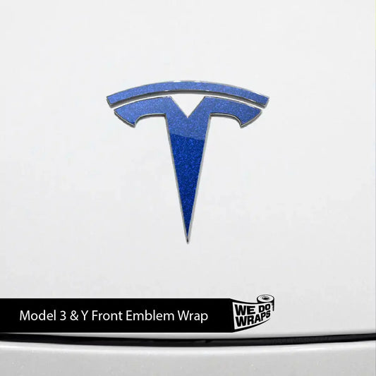 3M Deep Blue Metallic Tesla Emblem Decals (Front + Back) | Model Y