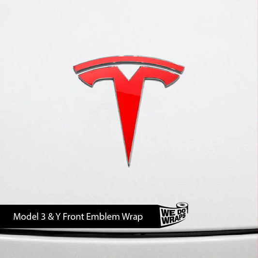 3M Gloss Hot Rod Red Tesla Emblem Decals (Front + Back) | Model Y