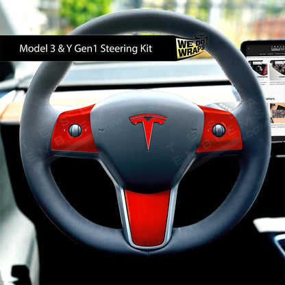3M Gloss Hot Rod Red Tesla Steering Wheel Wrap | M3 2017-Jan 2024