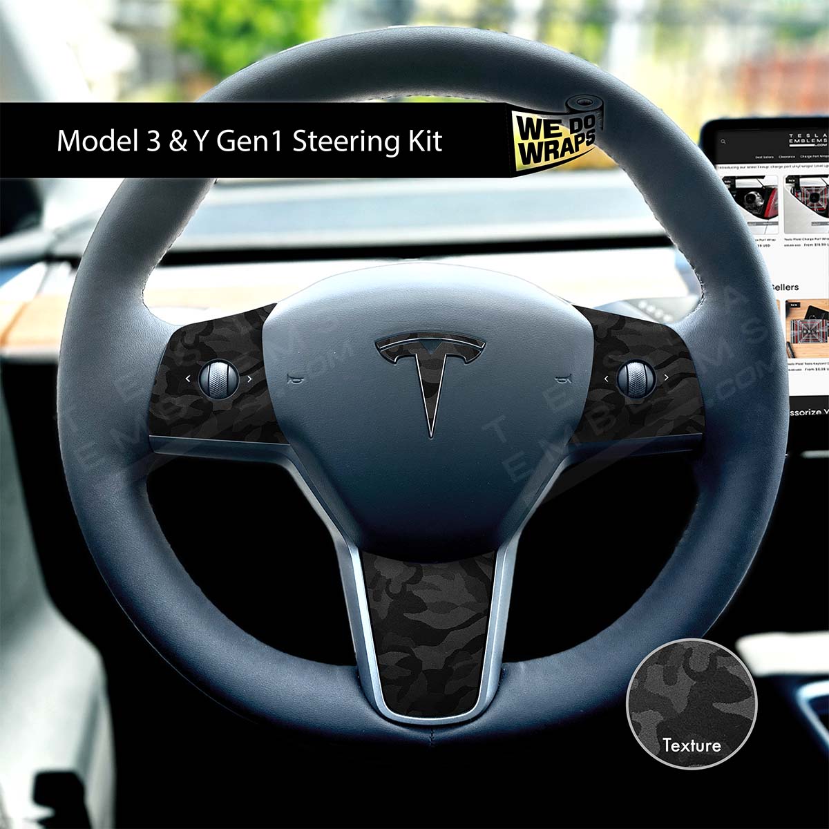 3M Shadow Black Camo Tesla Steering Wheel Wrap | M3 2017-Jan 2024