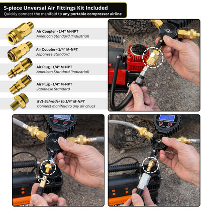 Rapid 4-Tire Inflation/Deflation System with Lightning™ Air Chucks | Multi-Tire Inflator/Deflator 4-Way Hose Kit for Off Road 4x4