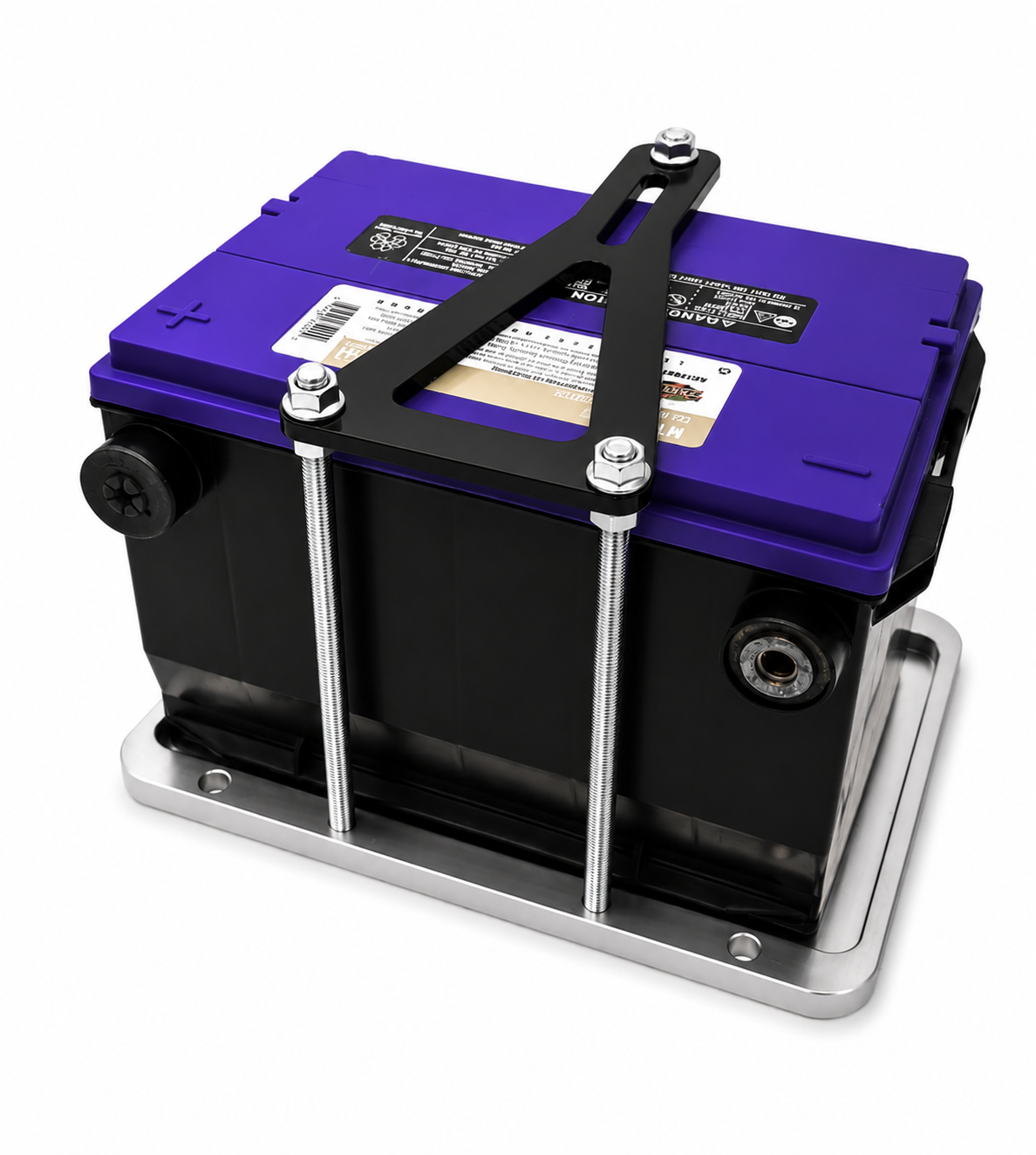 Granatelli Universal 12V Billet Aluminum Battery Tray – Clear Base / Black Top Clamp – 452213
