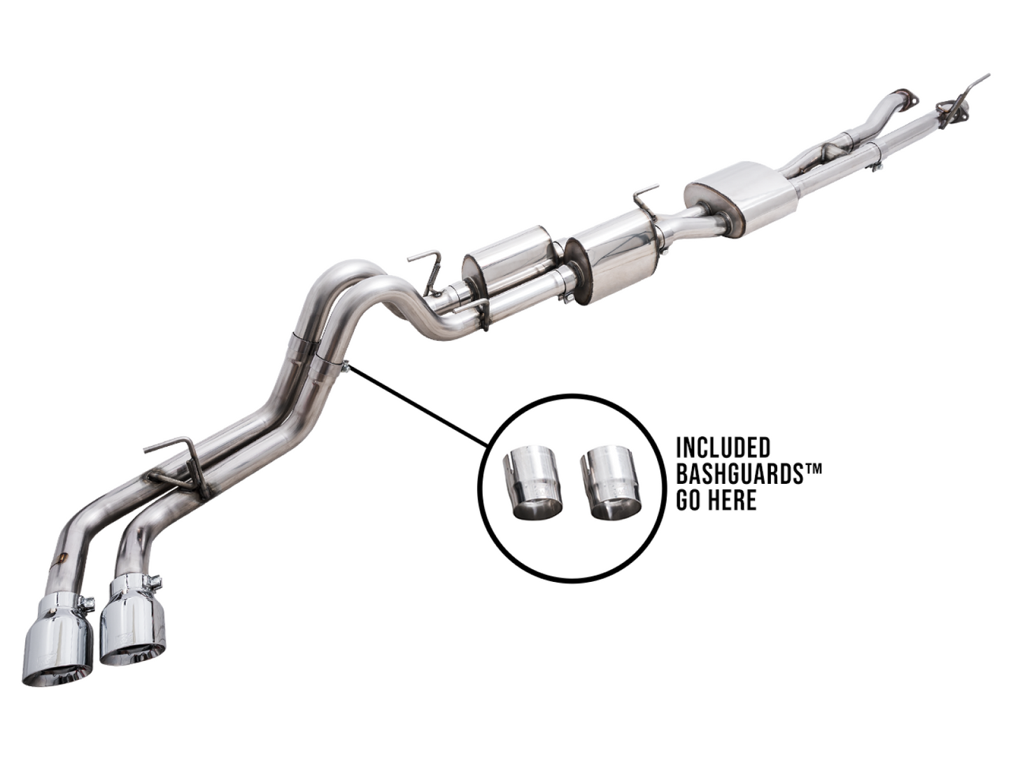AWE Tuning 0FG Exhaust with BashGuard for 3rd Gen Tacoma - Dual Chrome Silver Tips 3015-32826