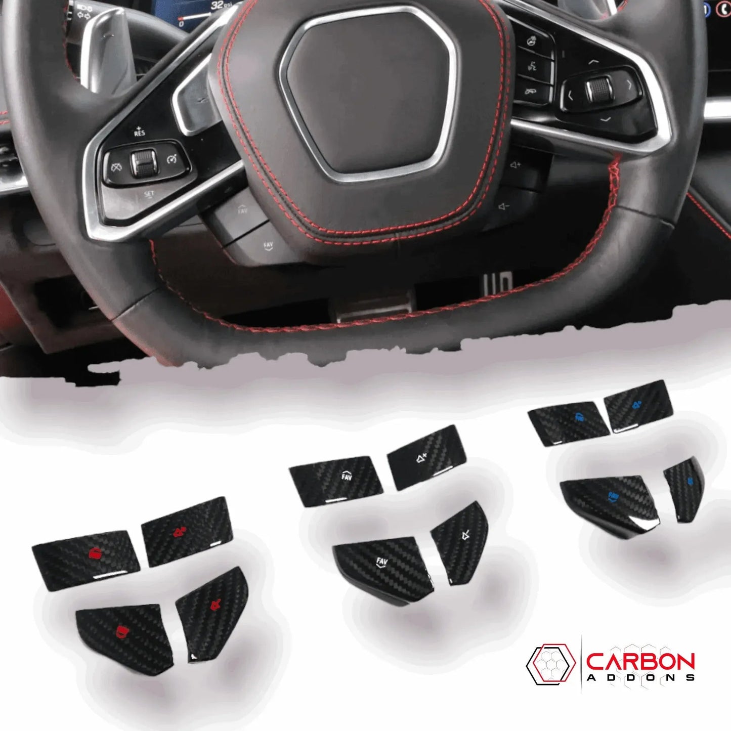C8 Corvette Real Carbon Fiber Steering Wheel Volume Button Covers | Interior Upgrade (2020–2026)