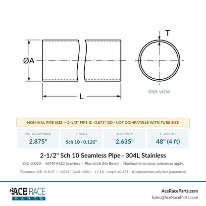 2-1/2" Schedule 10 Seamless Pipe 304L Stainless - 4 Foot Length