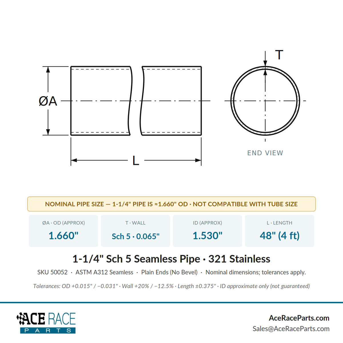 1-1/4" Schedule 5 Seamless Pipe 321 Stainless - 4 Foot Length