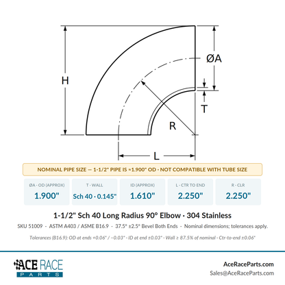 1-1/2" Schedule 40 Long Radius 90° Elbow 304 Stainless