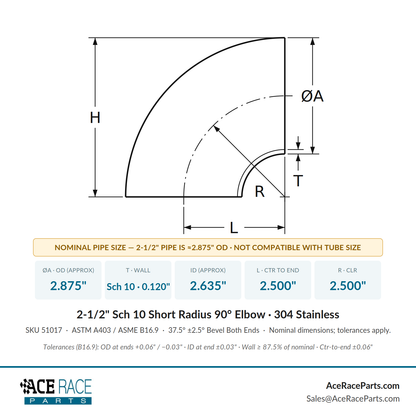 2-1/2" Schedule 10 Short Radius 90° Elbow 304 Stainless
