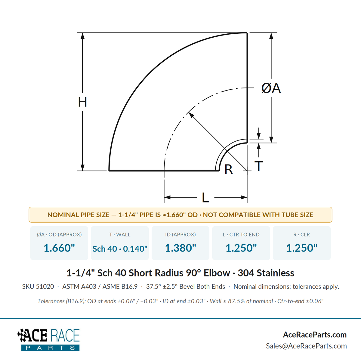 1-1/4" Schedule 40 Short Radius 90° Elbow 304 Stainless