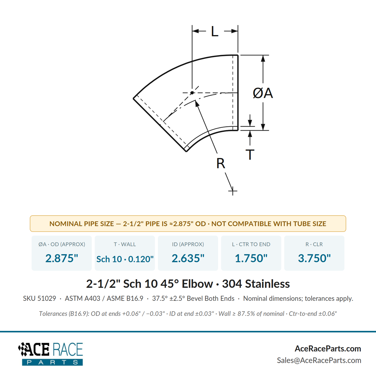 2-1/2" Schedule 10 45° Elbow 304 Stainless