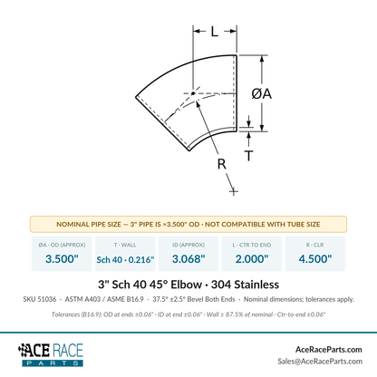 3" Schedule 40 45° Elbow 304 Stainless