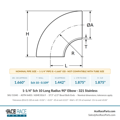 1-1/4" Schedule 10 Long Radius 90° Elbow 321 Stainless