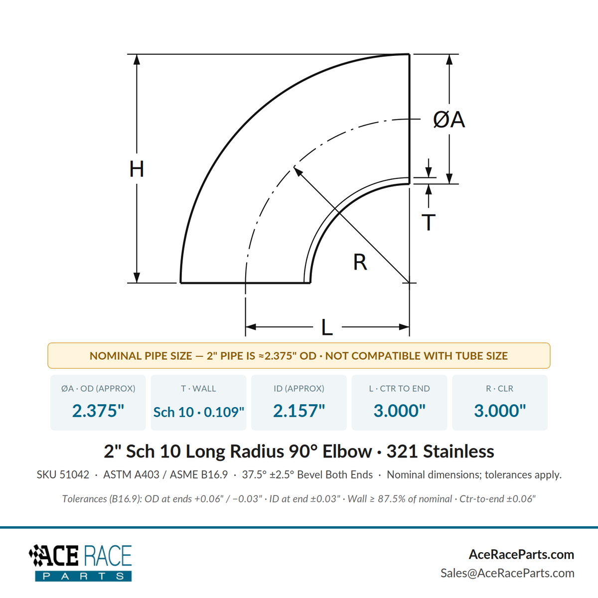 2" Schedule 10 Long Radius 90° Elbow 321 Stainless