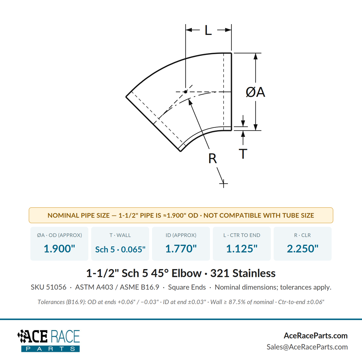 1-1/2" Schedule 5 45° Elbow 321 Stainless