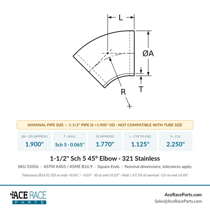 1-1/2" Schedule 5 45° Elbow 321 Stainless