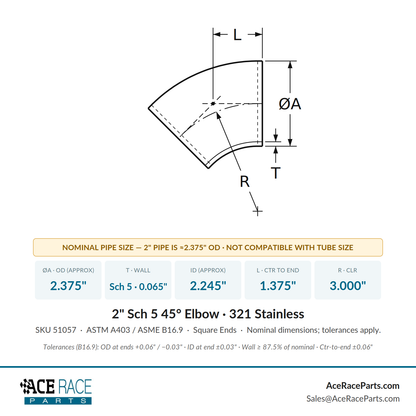 2" Schedule 5 45° Elbow 321 Stainless