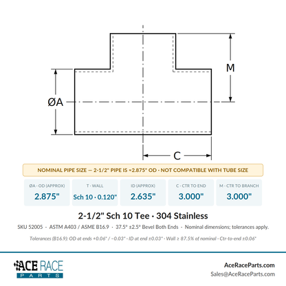2-1/2" Schedule 10 Tee 304 Stainless