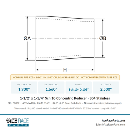 1-1/2" x 1-1/4" Schedule 10 Concentric Reducer 304 Stainless
