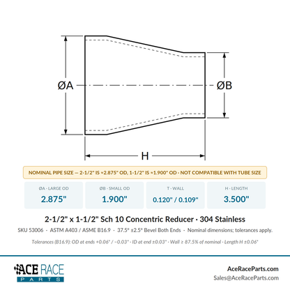 2-1/2" x 1-1/2" Schedule 10 Concentric Reducer 304 Stainless
