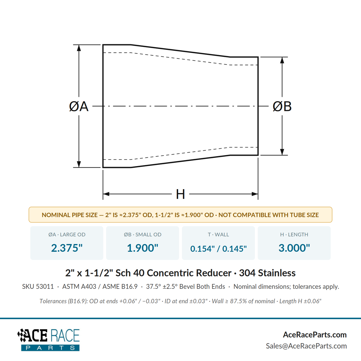 2" x 1-1/2" Schedule 40 Concentric Reducer 304 Stainless