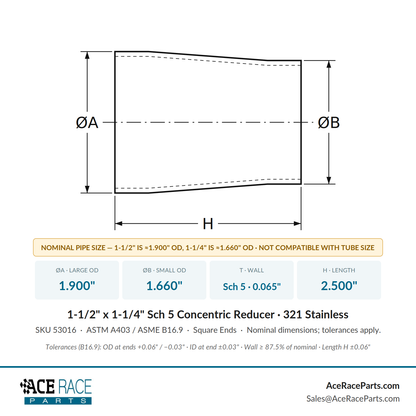 1-1/2" x 1-1/4" Schedule 5 Concentric Reducer 321 Stainless