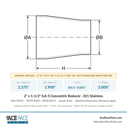 2" x 1-1/2" Schedule 5 Concentric Reducer 321 Stainless