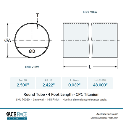 2.500" OD x 0.039" (1mm) Wall Tube CP1 Titanium - 4 Foot Length