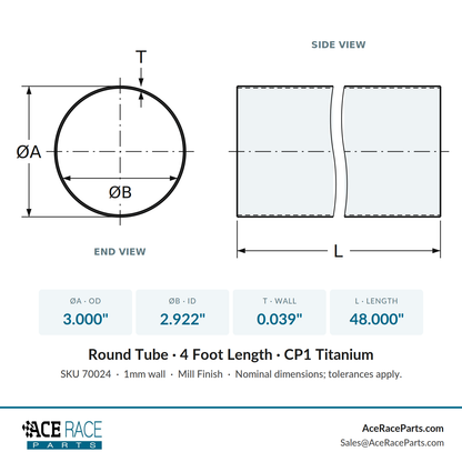 3.000" OD x 0.039" (1mm) Wall Tube CP1 Titanium - 4 Foot Length
