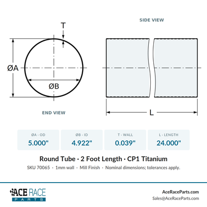 5.000" OD x 0.039" (1mm) Wall Tube CP1 Titanium - 2 Foot Length