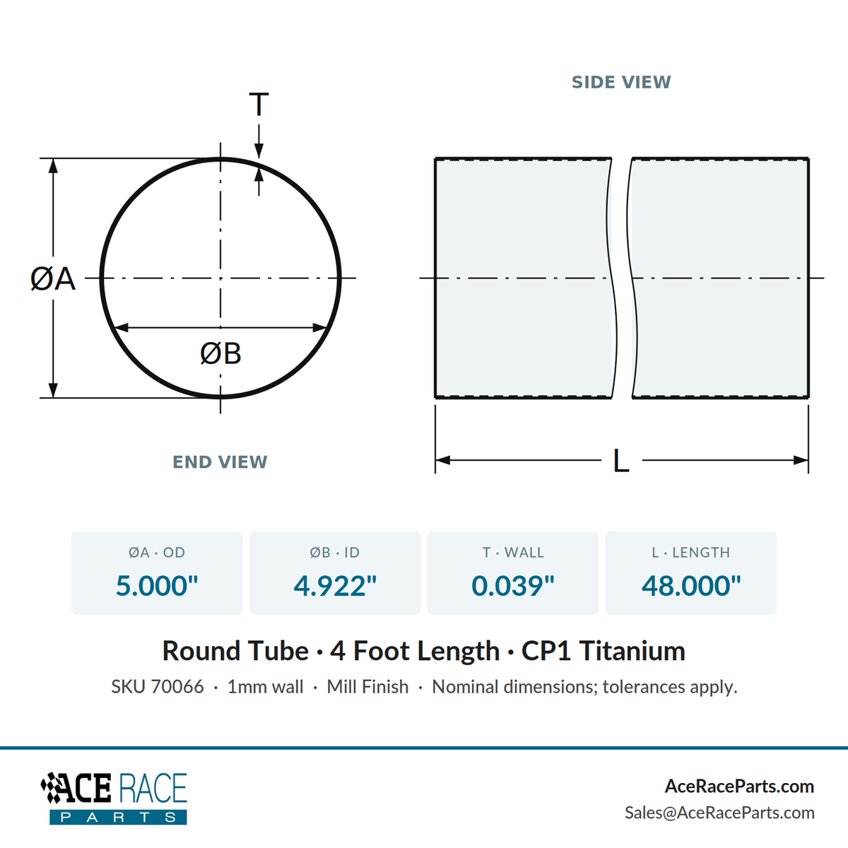 5.000" OD x 0.039" (1mm) Wall Tube CP1 Titanium - 4 Foot Length