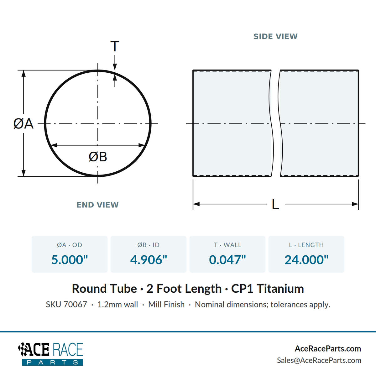 5.000" OD x 0.047" (1.2mm) Wall Tube CP1 Titanium - 2 Foot Length