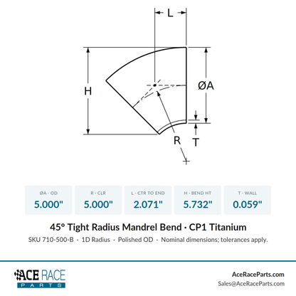 5.000" OD x 0.059" (1.5mm) Tight Radius 45° Mandrel Bend - (5.000" CLR) - CP1 Titanium