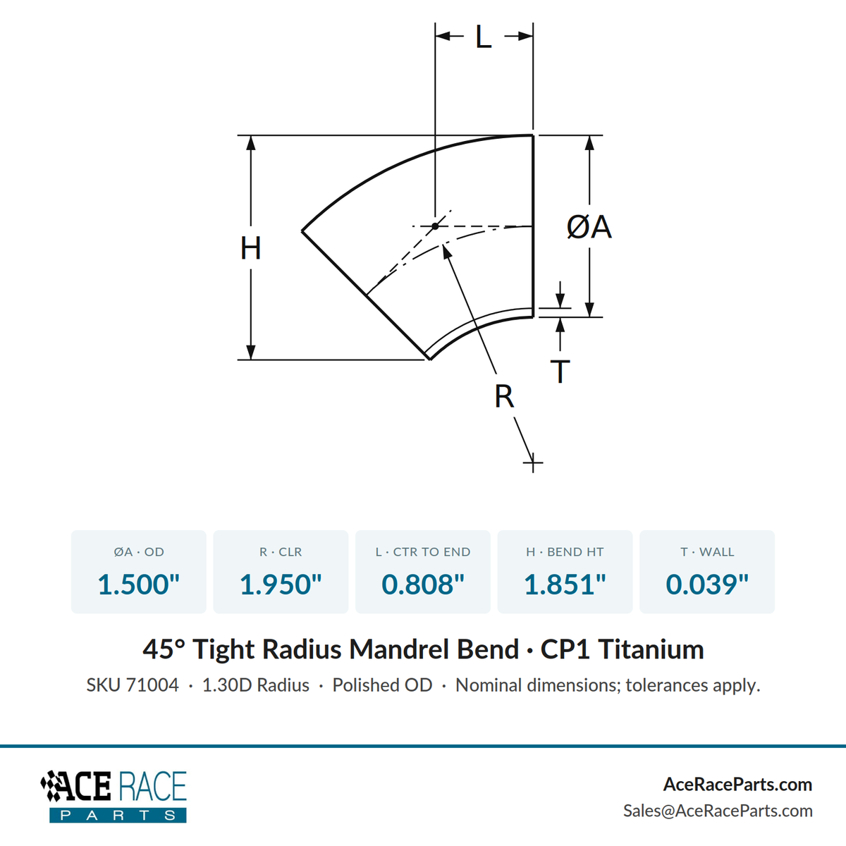 1.500" OD x 0.039" (1mm) Tight Radius 45° Mandrel Bend - (1.950" CLR) - CP1 Titanium