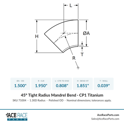 1.500" OD x 0.039" (1mm) Tight Radius 45° Mandrel Bend - (1.950" CLR) - CP1 Titanium