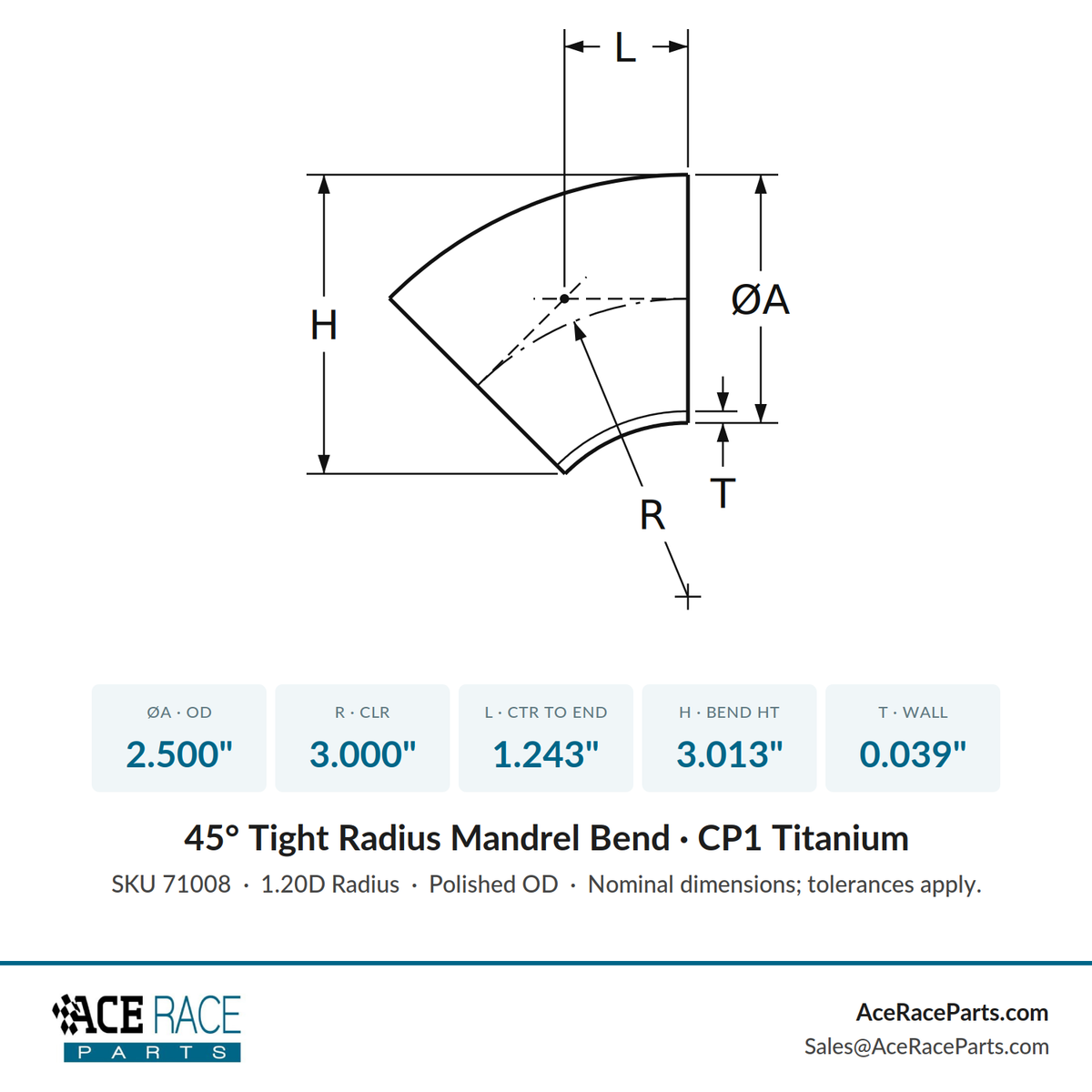 2.500" OD x 0.039" (1mm) Tight Radius 45° Mandrel Bend - (3.000" CLR) - CP1 Titanium