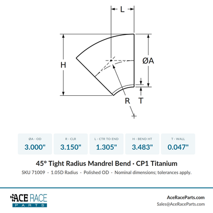 3.000" OD x 0.047" (1.2mm) Tight Radius 45° Mandrel Bend - (3.150" CLR) - CP1 Titanium