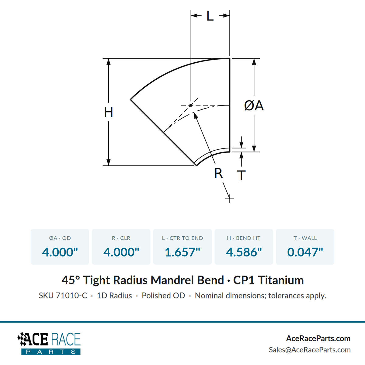 4.000" OD x 0.047" (1.2mm) Tight Radius 45° Mandrel Bend - (4.000" CLR) - CP1 Titanium
