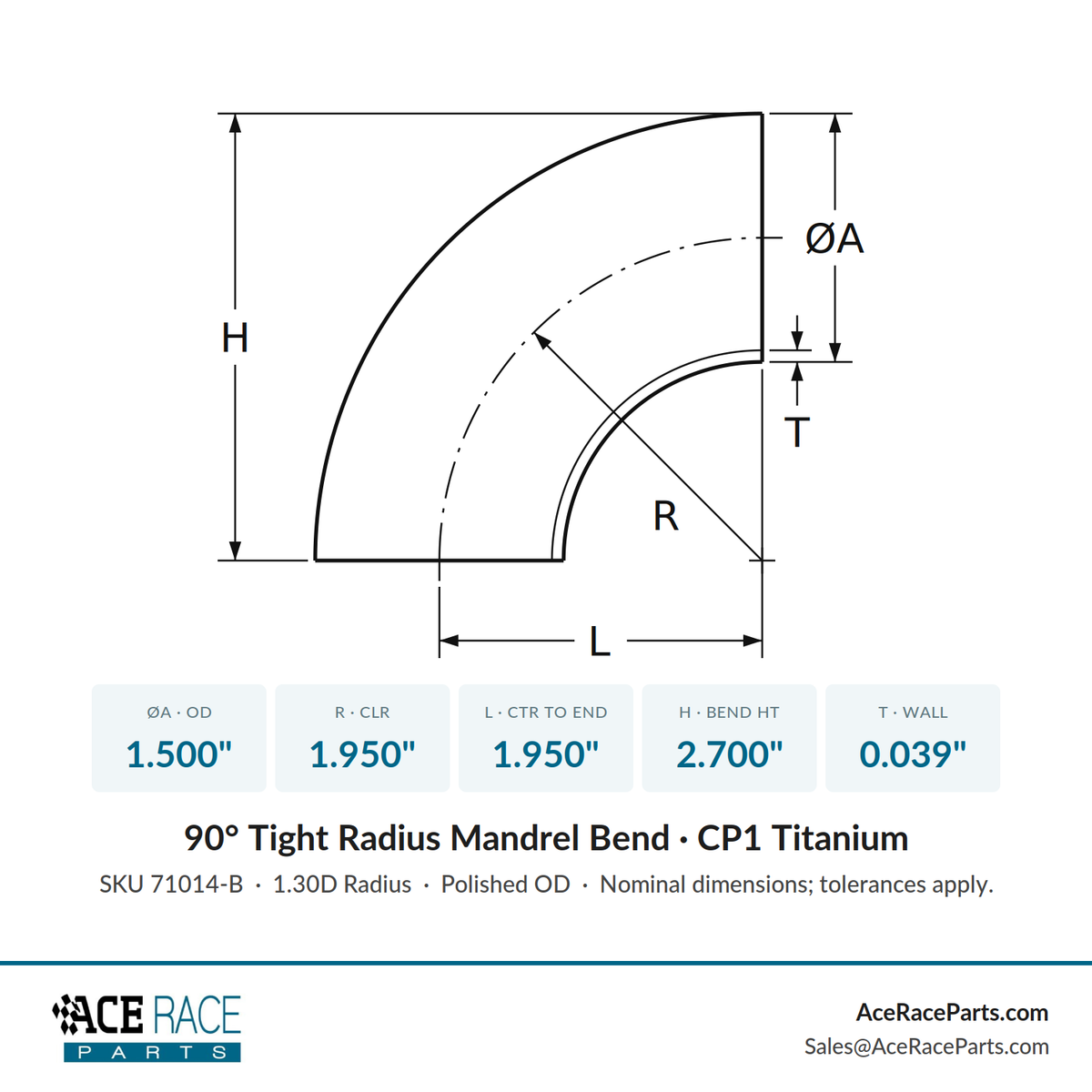 1.500" OD x 0.039" (1mm) Tight Radius 90° Mandrel Bend - (1.950" CLR) - CP1 Titanium