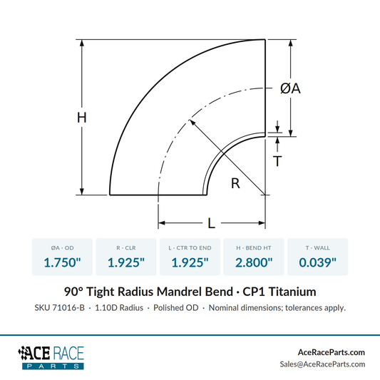 1.750" OD x 0.039" (1mm) Tight Radius 90° Mandrel Bend - (1.925" CLR) - CP1 Titanium