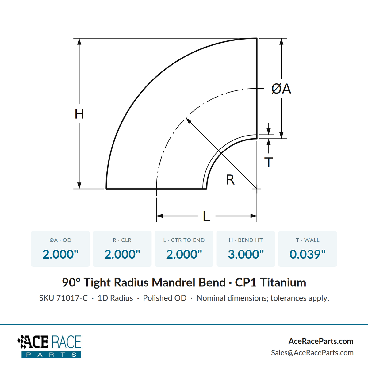 2.000" OD x 0.039" (1mm) Tight Radius 90° Mandrel Bend - (2.000" CLR) - CP1 Titanium