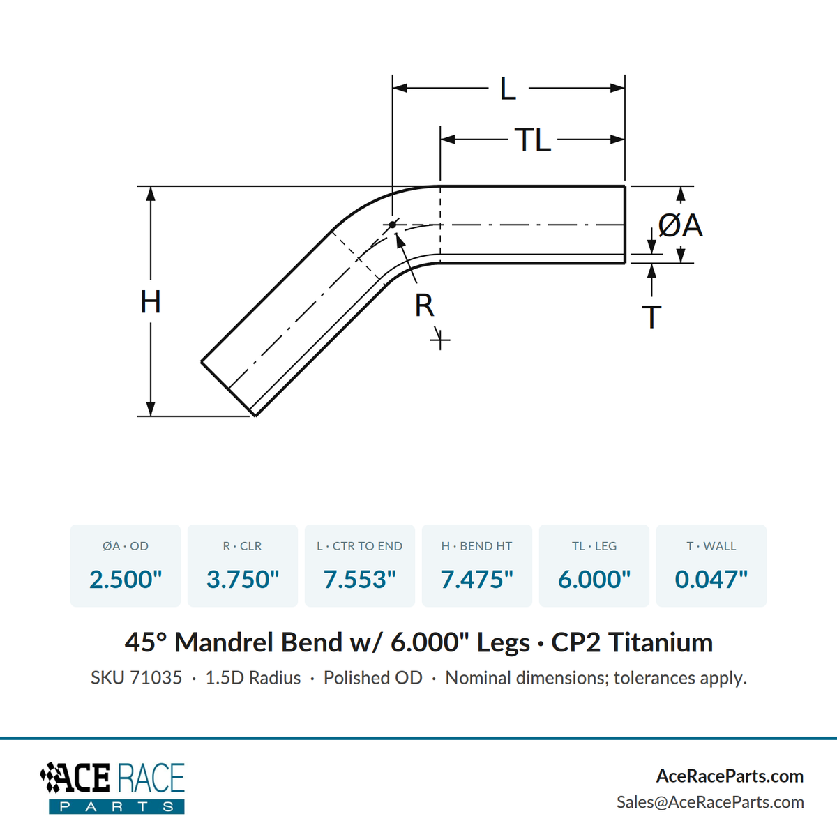 2.500" x 0.047" 45° Mandrel Bend CP2 Titanium - (3.750" CLR / 6.000" Legs)