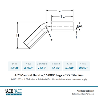 2.500" x 0.047" 45° Mandrel Bend CP2 Titanium - (3.750" CLR / 6.000" Legs)