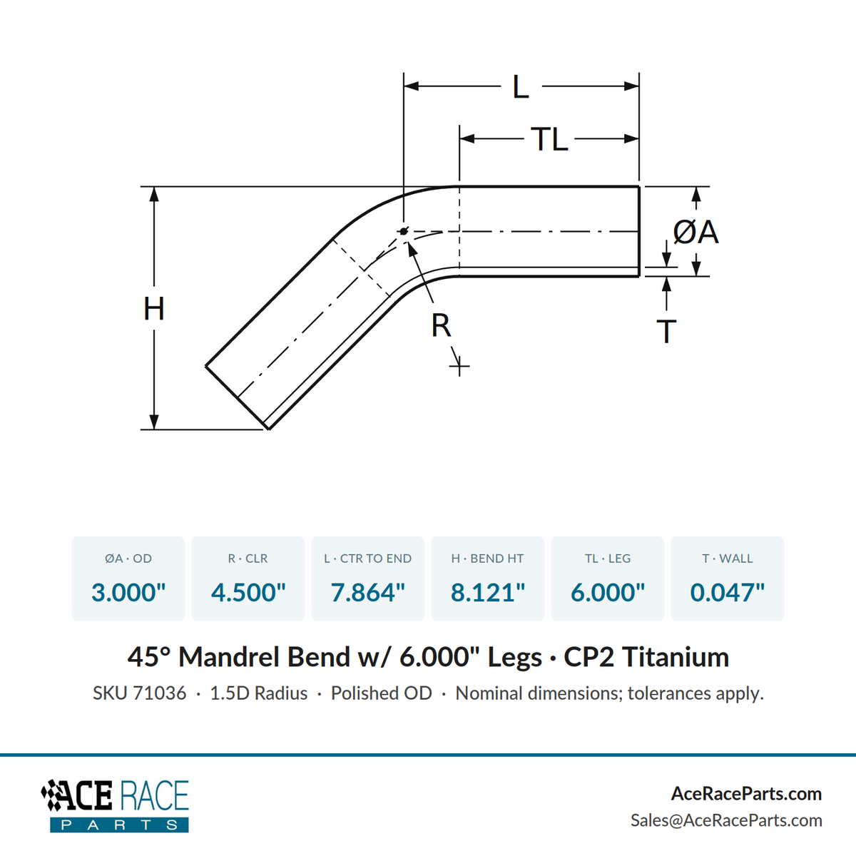 3.000" x 0.047" 45° Mandrel Bend CP2 Titanium - (4.500" CLR / 6.000" Legs)